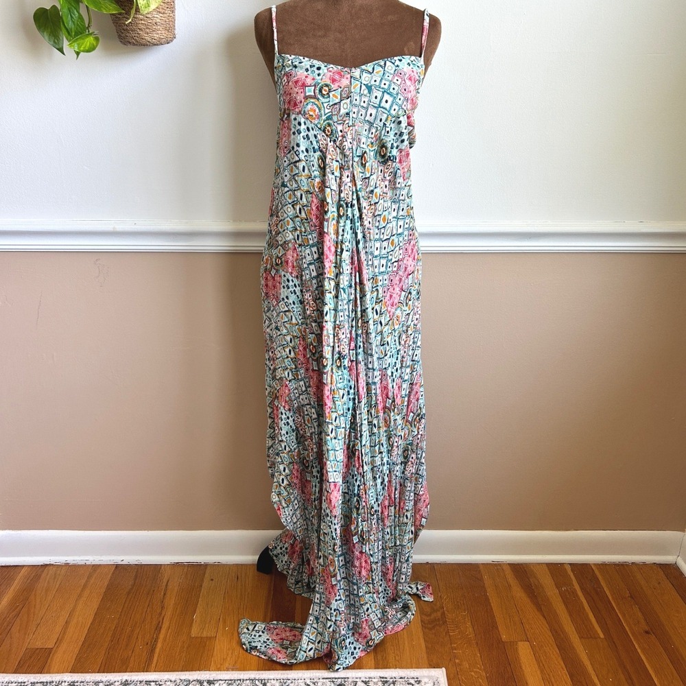 Just One Womens Large Teal‎ Pink Geometric Handkerchief Hem Maxi Dress Rayon